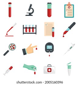 Blood test icons set. Flat set of blood test vector icons isolated on white background