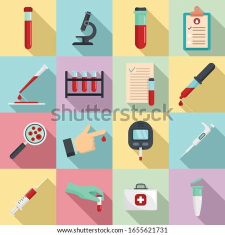 Blood test icons set. Flat set of blood test vector icons for web design