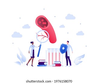 Blood test and illness analysis concept. Vector flat medical people illustration. Male and female team of doctor and scientist. Lab tube, magnifier glass and vessel sign. Design for health care.
