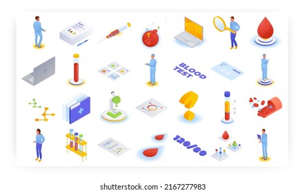Análisis de laboratorio de análisis de sangre, conjunto de iconos isométricos vectoriales. Personal de laboratorio médico, pacientes, equipo. Tipo de sangre, estructura