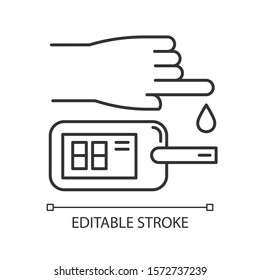 Blood test linear icon. Disease analysis. Illness check. Infection examination. Glucometer. Glucose test. Thin line illustration. Contour symbol. Vector isolated outline drawing. Editable stroke
