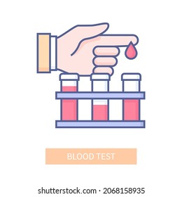 Blood test - modern line design style icon on white background. Neat detailed image of plasma analysis. Pricked finger, several test tubes. Laboratory analysis, health care, diagnosis of diseases