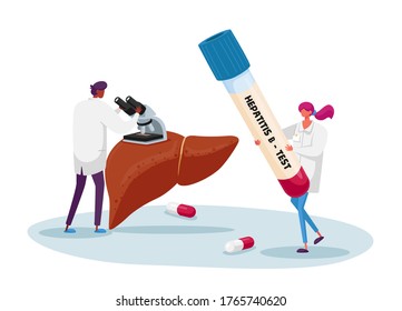 Blood Test on Hepatitis B. Doctor Look in Microscope, Nurse Character Carry Huge Test Tube with Lifeblood. Medical Healthcare, Transfusion Charity in Donation Lab. Cartoon People Vector Illustration
