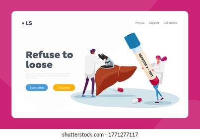 Blood Test on Hepatitis B Landing Page Template. Doctor Look in Microscope, Nurse Character Carry Huge Test Tube with Lifeblood. Medical Healthcare, Awareness. Cartoon People Vector Illustration