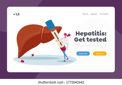 Análisis de sangre en la plantilla de la página de aterrizaje de la hepatitis B. Enfermera o especialista en doctorado llevan un enorme tubo de prueba con sangre en el hígado enorme. Transfusión en laboratorio. Ilustración de vectores de personas de caricatura