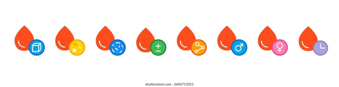  Conjunto de iconos de parámetros de análisis de sangre. Colección mínima de Vector de gotas de sangre con marcadores de sangre médicos que representan la hemoglobina, el sexo y los indicadores de tiempo.