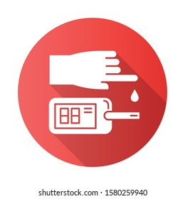 Blood test red flat design long shadow glyph icon. Disease analysis. Infection examination. Medical procedure. Glucometer. Glucose test. Hospital laboratory. Vector silhouette illustration