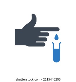 Icono de glifo vectorial relacionado con análisis de sangre. La sangre gotea de un dedo en un matraz para una prueba de enfermedad del coronavirus. Signo de donación de sangre. Aislado sobre fondo blanco. Ilustración vectorial editable