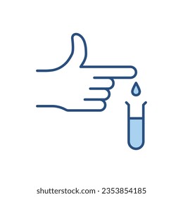 Icono vectorial relacionado con análisis de sangre. La sangre gotea de un dedo en un matraz para una prueba de enfermedad del coronavirus. Signo de donación de sangre. Aislado sobre fondo blanco. Ilustración vectorial editable