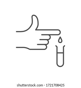 Icono de línea delgada vectorial relacionado con análisis de sangre. Sangre que gotea de un dedo a un matraz para una prueba de enfermedad del coronavirus. Aislado sobre fondo blanco. Trazo editable. Ilustración vectorial.