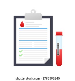El análisis de sangre da como resultado un estilo plano. Investigación de laboratorio químico. Ilustración de material vectorial.