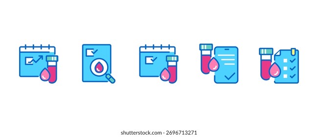 Conjunto de iconos de programa de análisis de sangre. Ilustraciones vectoriales lineales mínimas con calendario de análisis de sangre, gotas de sangre y sonda para chequeo de salud, análisis de laboratorio y planificación de análisis de sangre médica.