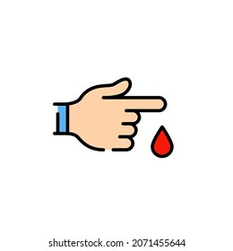 Análisis de sangre tomando muestras de un pinchazo con el dedo. Procedimiento de análisis médico. Icono de color de trazo editable perfecto para píxeles
