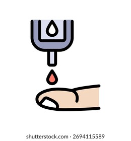 Blood test taking sample from finger prick. Blood glucose meter test color icon. Medical analysis procedure symbol. Simple vector illustration.