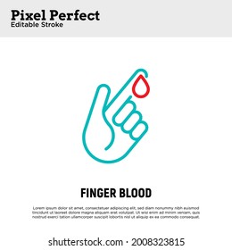 Bluttest dünne Linie Symbol. Diabetes. Bluttropfen aus dem Finger. Diagnose des Zuckerspiegels. Pixel perfekt, bearbeitbarer Strich. Vektorgrafik.