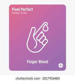 Blood test thin line icon. Diabetes. Blood droplet from finger. Diagnostics of sugar level. Pixel perfect, editable stroke. Vector illustration.