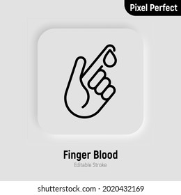 Bluttest dünne Linie Symbol. Diabetes. Bluttropfen aus dem Finger. Diagnose des Zuckerspiegels. Pixel perfekt, bearbeitbarer Strich. Vektorgrafik.
