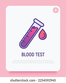 Blood test thin line icon. Test tube with a drop of blood. Laboratory analysis or medical research. Vector illustration.