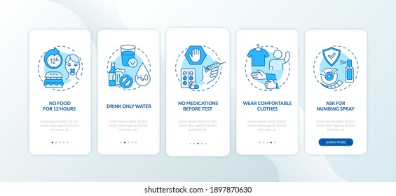 Blood test tips onboarding mobile app page screen with concepts. Fasting, wearing comfortable clothes walkthrough 5 steps graphic instructions. UI vector template with RGB color illustrations