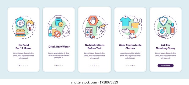 Blood Test Tips Onboarding Mobile App Page Screen With Concepts. No Food For 12 Hours, Comfortable Clothes Walkthrough 5 Steps Graphic Instructions. UI Vector Template With RGB Color Illustrations