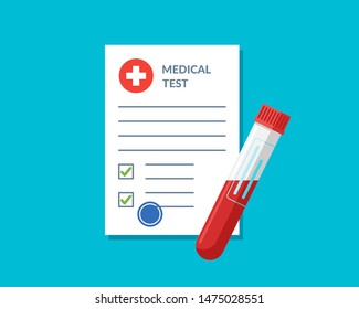 Blood Test Tube Container And Medical Lab Analysis Form List With Results Data And Approved Check Mark Vector Illustration. Flat Clinical Exam Checklist Document. Medicine Care Service Concept