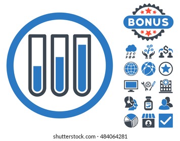 Blood Test Tubes icon with bonus symbols. Vector illustration style is flat iconic bicolor symbols, smooth blue colors, white background.