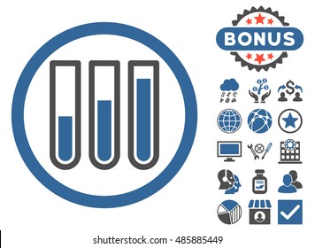 Blood Test Tubes icon with bonus design elements. Vector illustration style is flat iconic bicolor symbols, cobalt and gray colors, white background.