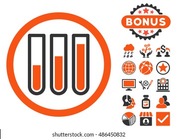 Blood Test Tubes icon with bonus pictures. Vector illustration style is flat iconic bicolor symbols, orange and gray colors, white background.