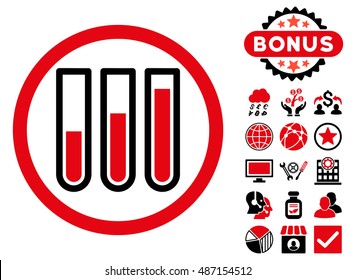 Blood Test Tubes icon with bonus symbols. Vector illustration style is flat iconic bicolor symbols, intensive red and black colors, white background.
