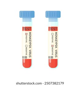 Blood test tubes for monkeypox virus test in cartoon style on a white background. Smallpox test. Positive and negative test for monkeypox virus. Monkeypox virus
