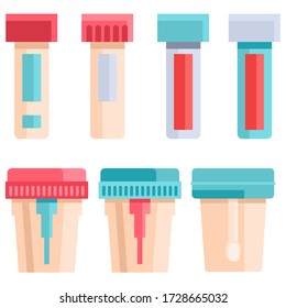 Blutteströhrchen an weißem isoliertem Hintergrund. Testjaremblem für Sozialbanner, Webseitenelement, Gesundheitsförderer, medizinisches Poster. Chemist Shop Logo oder Infokarte. Flache Darstellung von Vektoren