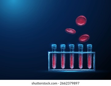 Blood test tubes rack with flying red blood cells around. Hematology analysis, blood diagnostics, laboratory testing, medical research, personalized medicine concept. Low poly digital style. Vector.