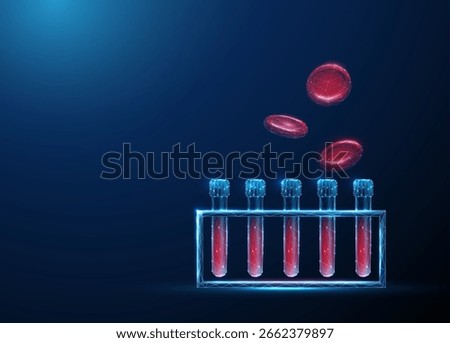 Blood test tubes rack with flying red blood cells around. Hematology analysis, blood diagnostics, laboratory testing, medical research, personalized medicine concept. Low poly digital style. Vector.