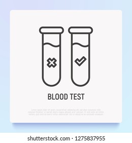 Blood test: two vials with blood, one is positive, other negative. Modern vector illustration of medical diagnostic.