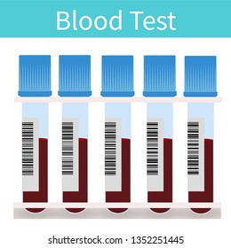 Blood test. Vector flat medical illustration. Five tubes, rack stand. White background.
