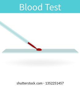 Blood test. Vector flat medical illustration. Droplet, capillary tube, slide. White background.