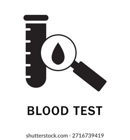 Icono de Vector de análisis de sangre. El equipo de laboratorio muestra una lupa enfocada en una gotita junto a un tubo de ensayo que indica las actividades de investigación científica