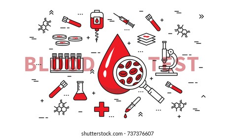 Blood test vector illustration. Medical (healthcare) blood and plasma research (analysis) and examination line art concept. Blood drop and medical equipment graphic design.