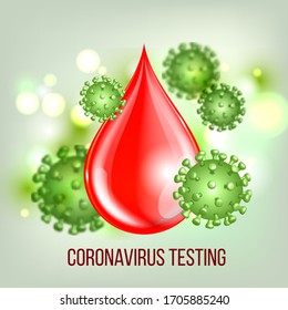 Blood testing concept with blood drop and virus disease cells isolated on white background. Microbiology, immunology template. Vector illustration.