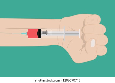Blood testing concept. Hand taking blood sample with a hypodermic needle. Flat design