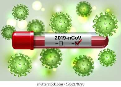 Blood testing concept with Test tube and virus disease cells. Test tube with blood sample for COVID-19, Coronavirus test. Vector illustration.