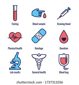 Blood testing and work icon set with syringe, donation, and blood sample ideas