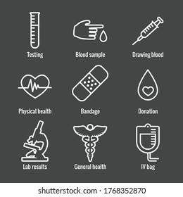 Blood testing and work icon set with syringe, donation, and blood sample ideas
