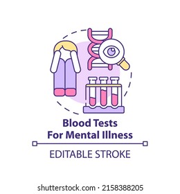 Das Symbol Bluttests für das Konzept der psychischen Erkrankungen. Patientenuntersuchung. Psychotherapie Trend abstrakte Idee dünne Linie Illustration. Einzeln Umrisszeichnung. Bearbeitbarer Strich. Arial, Myriad Pro Fett Schriftarten verwendet