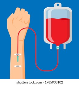 blood transfusion, blood donor concept flat design vector illustration. with hand and blood bag icon