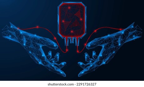 Transfusión sanguínea. Diseño poligonal de líneas y puntos interconectados. Fondo azul.
