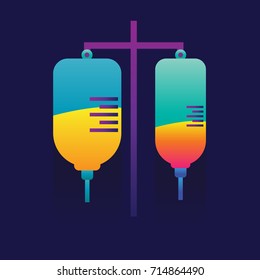 Blood transfusion saline bag vector on blue background. icon