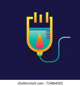 Blood transfusion saline bag vector on blue background. icon