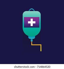 Blood transfusion saline bag vector on blue background. icon