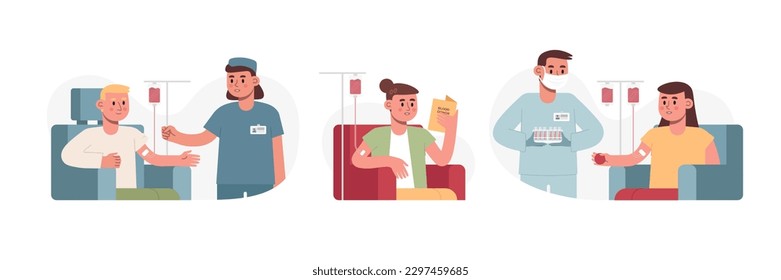 Blood transfusion. Set of vector pictures with characters about blood donation. Safe blood transplantation under the supervision of nurse. Color illustration in flat style